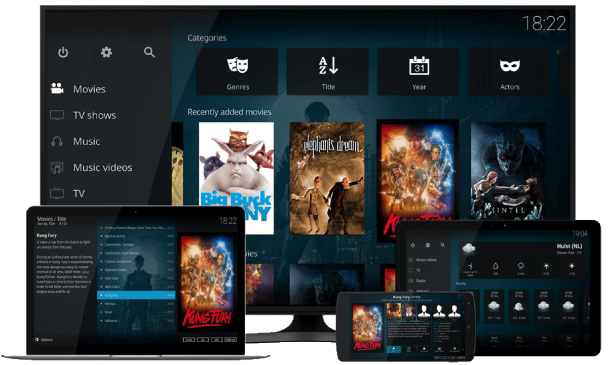 An IPTV playlist playing across TV, laptop, tablet and phone